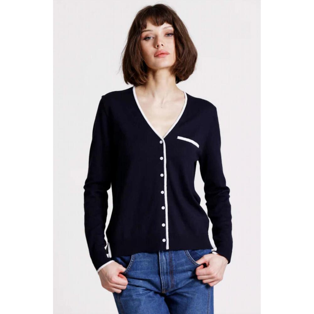 NEW MINNIE ROSE v neck cardigan with tipping in navy/white